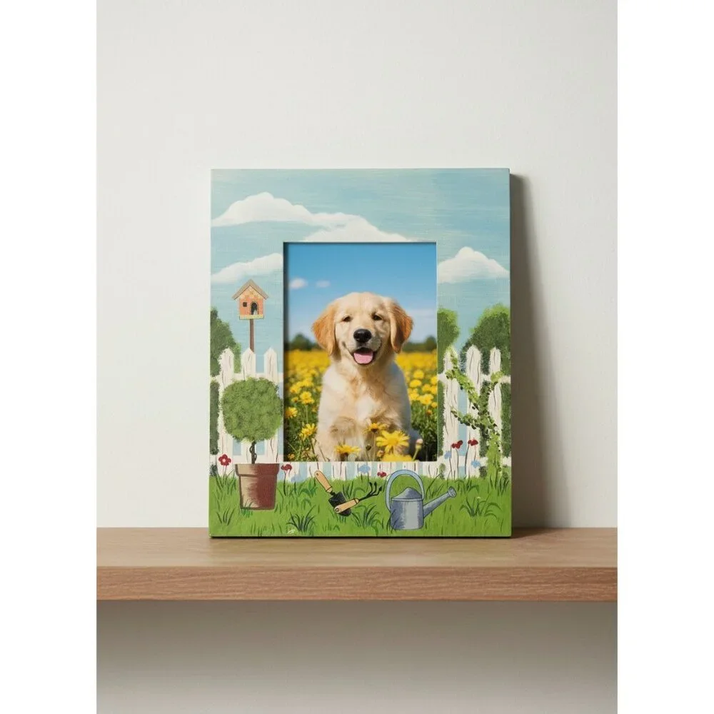 Rare Vintage Garden Scene Wooden Picture Frame 12” X 9.25” X .50” With Easel Bac